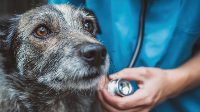 Close up of a vet examining a dog with a stethoscope at a clinic