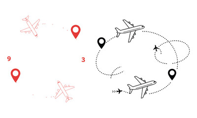 Airplane route pins with dotted lines showing travel paths