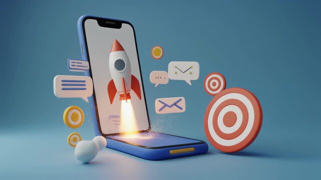 Mobile app startup rocket launch with target achievement and communication icons on blue background