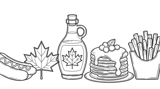 Canada Day line art illustration featuring hot dog maple leaf maple syrup pancakes and french fries vector design element isolated on white background