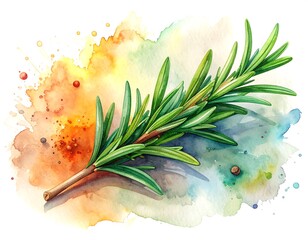 A vibrant watercolor illustration of a sprig of fresh rosemary against a colorful background