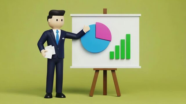 3D Presenter with Pie Chart and Bar Graph on Easel Business Presentation Concept
