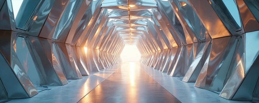 Futuristic geometric crystal tunnel with shining silver metal panels, sharp angles. Bright light emanates from distant end, reflecting on smooth floor. Modern abstract corridor suggests tech