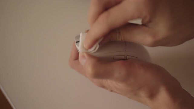 Close-up of person hands wiping white computer mouse with small cloth, highlighting routine electronics cleaning and sanitizing to keep workstations hygienic and germ-free. Shooting in slow motion. - Powered by Adobe