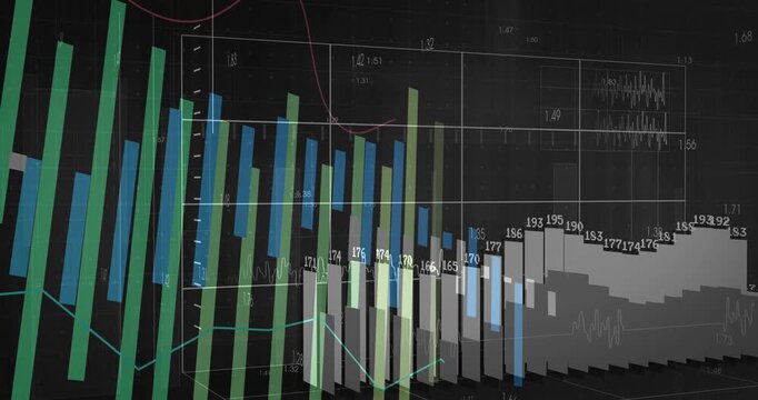 Green bars emerging lower-left, segments appearing as camera panning to reveal dynamic data trends