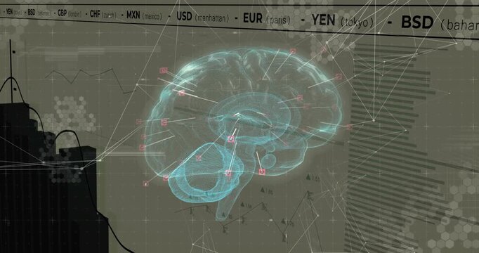 After currency ticker updating, 3D brain rotating, data nodes pulsing, visualizing market network