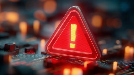 Warning Alert Sign on Circuit Board with Glowing Lights in Dark Background - Powered by Adobe