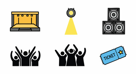 Music concert event elements flat design icon set vector illustration stage audience speakers ticket spotlight show performance festival live party entertainment