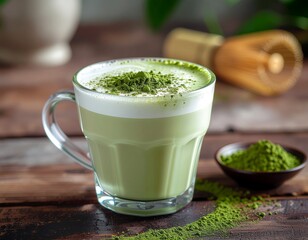 ふんわり泡立つ抹茶ラテと木のテーブル