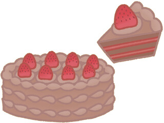 チョコデコレーションケーキのイラスト　ホール＆カット