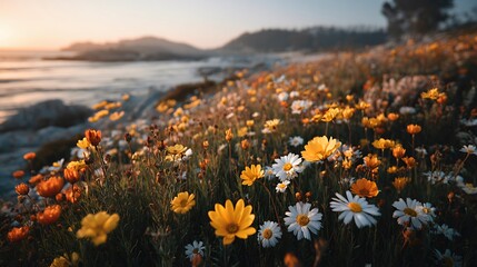 Fototapeta premium Charming wildflowers swaying gently by the water under a beautiful golden sky at dusk