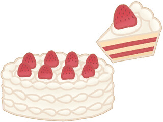 デコレーションケーキのイラスト　ホール＆カット