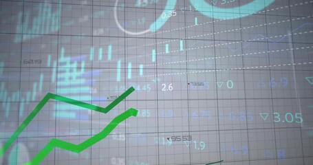 As candlestick bars settling, green polyline graph zigzagging upward while showing data trends - Powered by Adobe