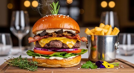 Gourmet Burger With Bacon Cheese And Fresh Vegetables Served With French Fries A Delicious Food Photography Still Life