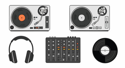 DJ music mixing equipment vector illustration set turntable mixer headphones vinyl record audio party club flat design graphic