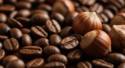 Naklejka premium Close-up of roasted coffee beans mingled with whole hazelnuts (1)
