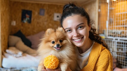 Joyful pet sitter playing with a fluffy Pomeranian in a comfy dog hotel