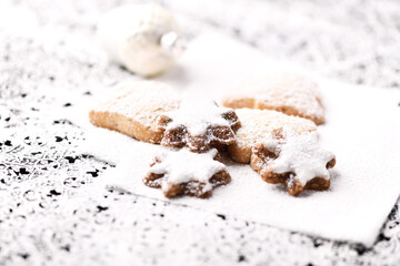 Christmas cookies on bright background. Soft focus. Close up	