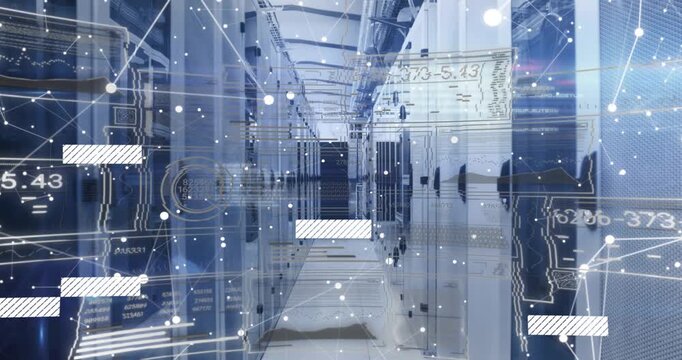 Rack corridor static until data overlay fading in triggers sliding bars visualizing streaming data