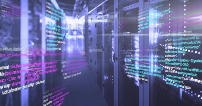 Camera moving through server corridor, revealing code streams scrolling, visualizing data flow
