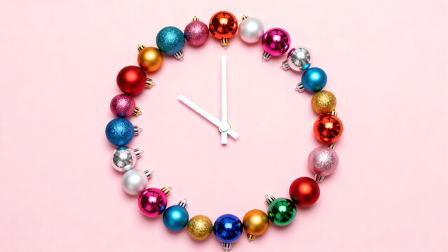 Colorful Christmas Ornaments Arranged as a Clock on Pink Background for Festive Cheer