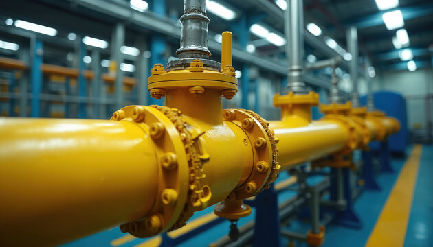 Yellow industrial gas pipeline with large metal valves, flanges. Factory equipment for fuel transportation, energy production. Steel infrastructure with machinery, control systems inside modern