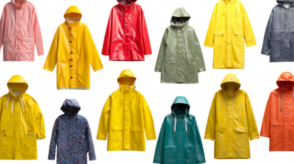 Collection of colorful raincoats isolated on transparent background