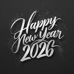 Sleek modern calligraphy "Happy New Year 2026" in silver foil with bursts of shimmering glitter Isolated on transparent Background.