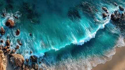 Aerial view of vibrant blue ocean waves crashing onto a sandy beach, surrounded by rocky formations, creating a stunning coastal landscape.