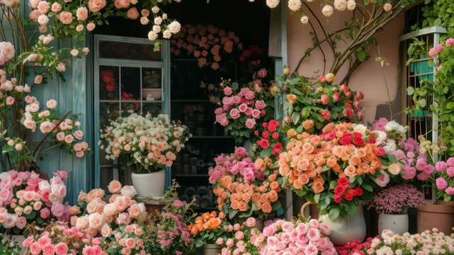 A vibrant display of roses in various colors, captured at eye level. The lush arrangement evokes a serene garden scene, perfect for a floral-themed video. Live desktop wallpaper.