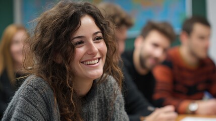 Spanish female student laughing with classmates in a university classroom