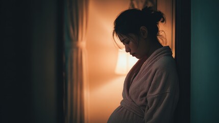 Solo pregnant Asian woman feeling depressed at home Starting a family