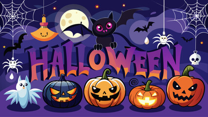 Fototapeta premium Very beautiful spooky Happy Halloween design featuring bats, a black cat, pumpkins, spiders, and dripping text, creating a festive and eerie holiday illustration perfect for seasonal decor and greetin
