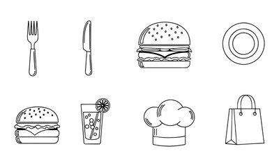 Food and Culinary Line Icons – Burger, Chef, Restaurant and Cooking Vector Set