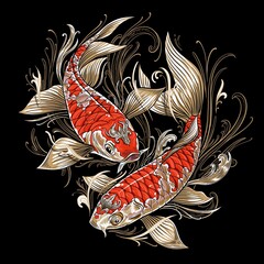 Koi fish illustration art, drawing, animal ornament style