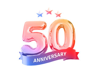 3d icon of celebrating a 50th anniversary isolated on transparent background with vibrant balloon numbers, ribbon, and stars, marking a golden milestone event