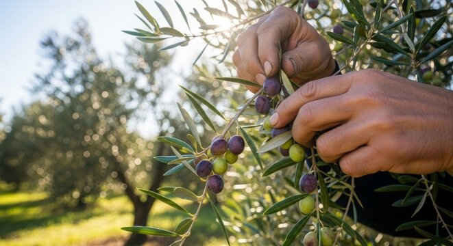 Olive farmer hands harvesting ripe olives from tree in sunny orchard