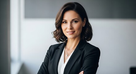 Confident Businesswoman In Formal Attire With Arms Crossed Smiling In Office A Professional And Empowering Corporate Portrait