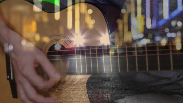 Right-hand appearing plucking strumming guitar strings syncing candlesticks showing market rhythm