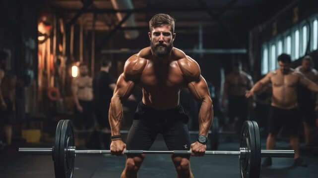 Dynamic gym scene with a muscular man lifting weights. Low-angle shot emphasizes strength. Perfect for fitness video content.