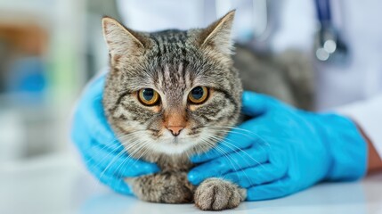 Veterinarian examines cat held by owner at clinic