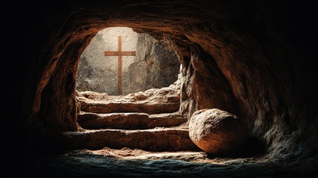 Vacant grave with cross emblem indicates Christ s resurrection