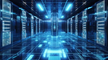 Futuristic server room with glowing blue lights, captured from a low-angle. The sleek, high-tech design evokes a sci-fi video game atmosphere. Live desktop wallpaper. - Powered by Adobe