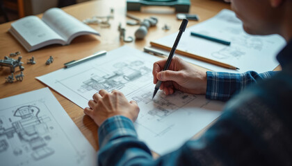 Person sketches machine parts, blueprints, and models on drafting table. Professional designer works on new product creation. Focus on innovation and detailed planning in studio.