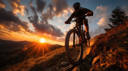 Low-angle shot of cyclist riding bike on hilltop in warm tones capturing the spirit of adventure