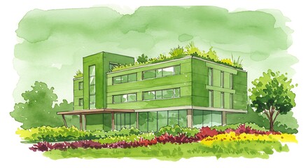 A vibrant watercolor illustration shows a modern building with green facade and rooftop garden