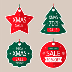 Festive Christmas sale tags in various shapes and colors for holiday promotions and marketing. Vector illustration.