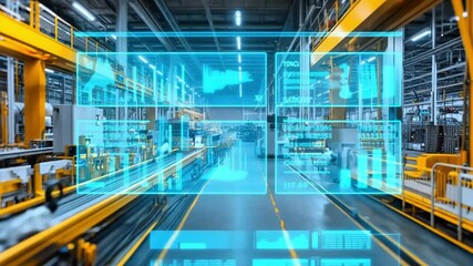 Futuristic Smart Factory Setting with Digital Overlay Showing Data Visualization and Automated Production Line - Powered by Adobe