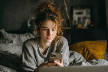 Fototapeta premium Young woman on smartphone at home with laptop during COVID 19
