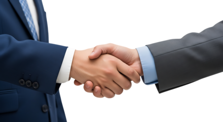Two businessmen in suits shaking hands firmly in a professional agreement and partnership